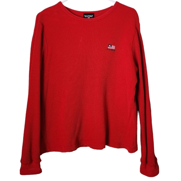 POLO JEANS RALPH LAUREN x VINTAGE 90's American Flag Logo waffle henley‎ top red - Picture 1 of 7